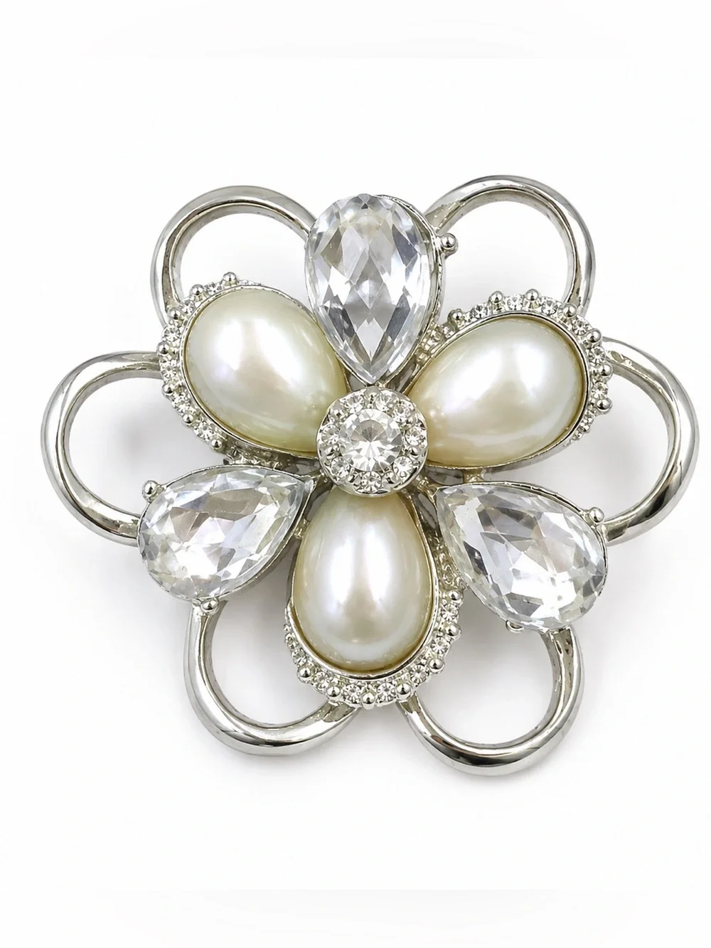Vintage Silver Tone Faux Pearl & Crystal Flower‎ Brooch Pin Floral Statement 2”